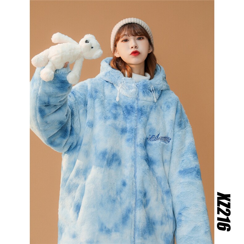 216-BK100-P128 女类 2021中性男女扎染连帽仿皮草外套 控148图片