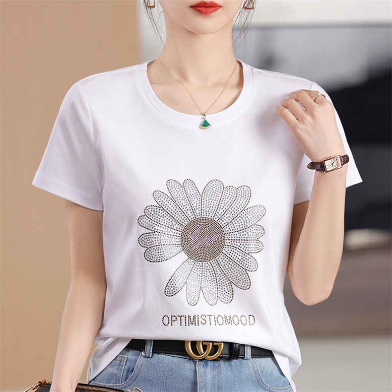烫钻太阳花艺术时尚舒适显瘦棉T高端丝光棉短袖夏季凉感百搭上衣，女装T恤，元素羊绒