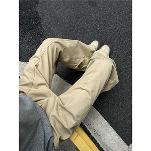 美式复古卡其色解构工装裤阔腿宽松弯刀版型牛仔裤休闲裤子图片