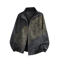 潮牌复古扎染PU皮夹克男外套痞帅立领工装棒球服25XJ55259特批60，男装夹克，电商A042