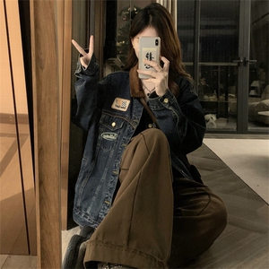 深蓝色牛仔外套新款美式复古高级感拼接翻领上衣宽松夹克C764-P88图片