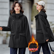 爆2025秋冬新款中长款内里加绒抽绳防风收腰显瘦休闲时尚简约外套，女装派克服，欧米莱