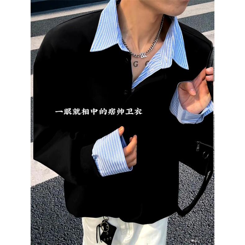 抖音得物高品质26春装美式高街假两件衬衫领长袖卫衣POLO领打底衫,男装T恤,电商A486