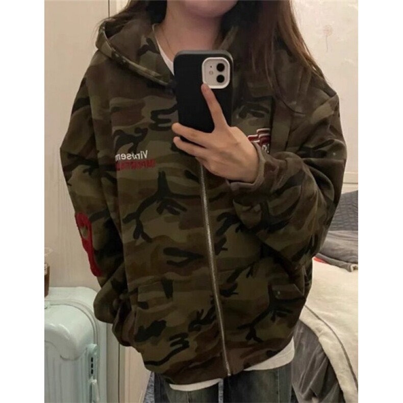 迷彩连帽卫衣外套女秋季刺绣拉链开衫重磅宽松情侣上衣W226,女装短外套,星座1116A（原606A-3）