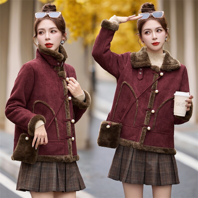 【新款现货】2024冬季新款高级感减龄皮毛一体加厚麂皮绒外套棉服,女装棉衣/棉服,奕薇雅