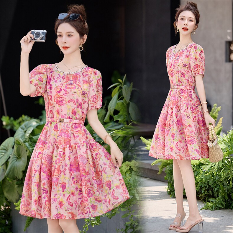 新中式国风连衣裙女夏季2025新款小个子收腰显瘦洋气法式印花裙子，女装连衣裙，韩宇舍