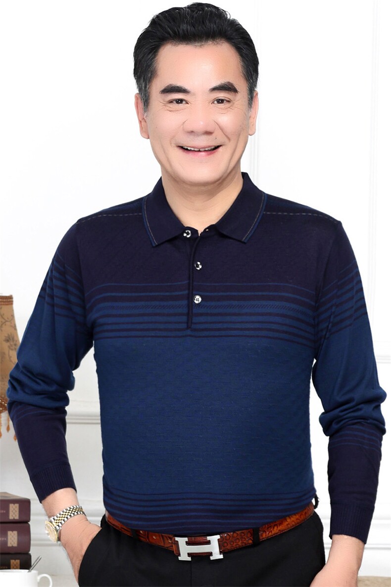 长袖t恤男中老年纯色薄款有领卫衣爸爸秋装上衣秋季条纹小衫,男装卫衣,电商B212（原钱塘6029）