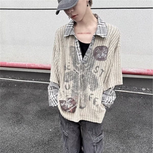 W116-P70 大码坑条v领长袖打底针织衫女秋冬新款胖mm别致褶皱图片