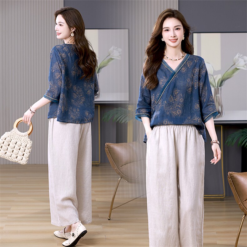 高端中老年妈妈印花苎麻套装女2024夏季新款宽松棉麻阔腿裤两件套，女装套装/套裙，凝聚力