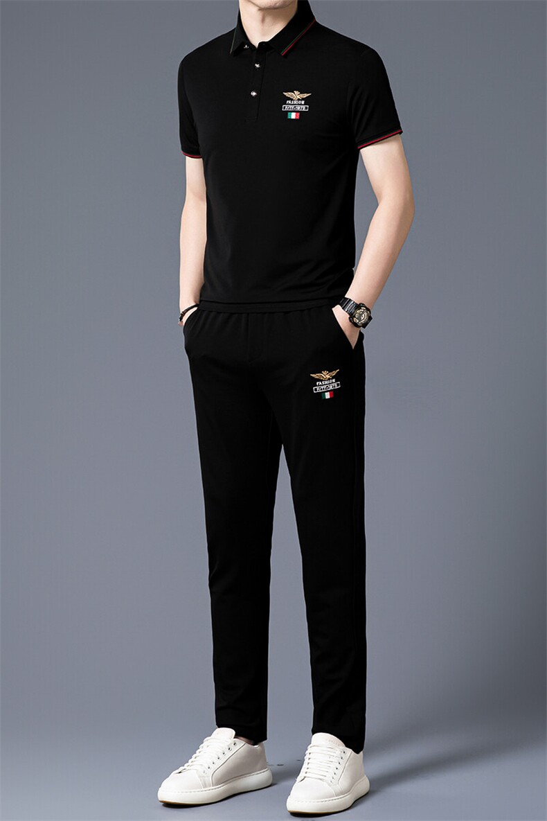 HP5089夏季新款男士休闲套装刺绣男装百搭二件套翻领,男装休闲套装,电商B360