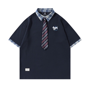 Polo衫短袖T恤男女夏潮流复古学院风格子拼接小狗刺绣T819 P65图片