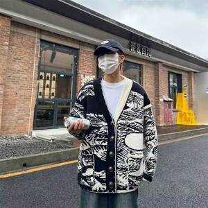 针织开衫男韩版潮流拼色V领高街帅2023冬季新款ins外套MZ200-P53图片