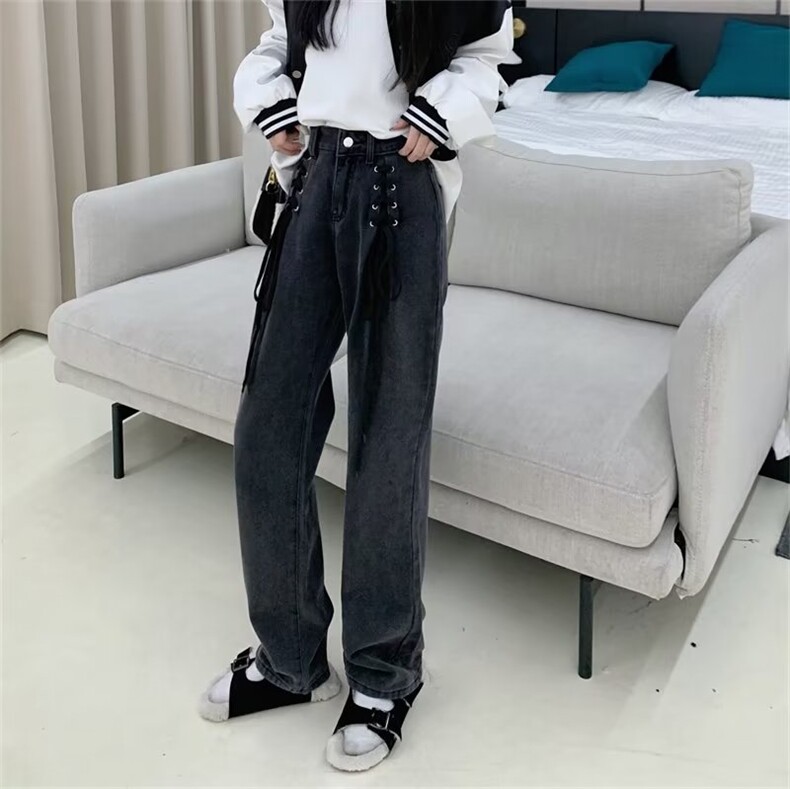 网红高腰直筒宽松显瘦早秋黑色绑带牛仔阔腿裤，女装牛仔裤，中性港风女装