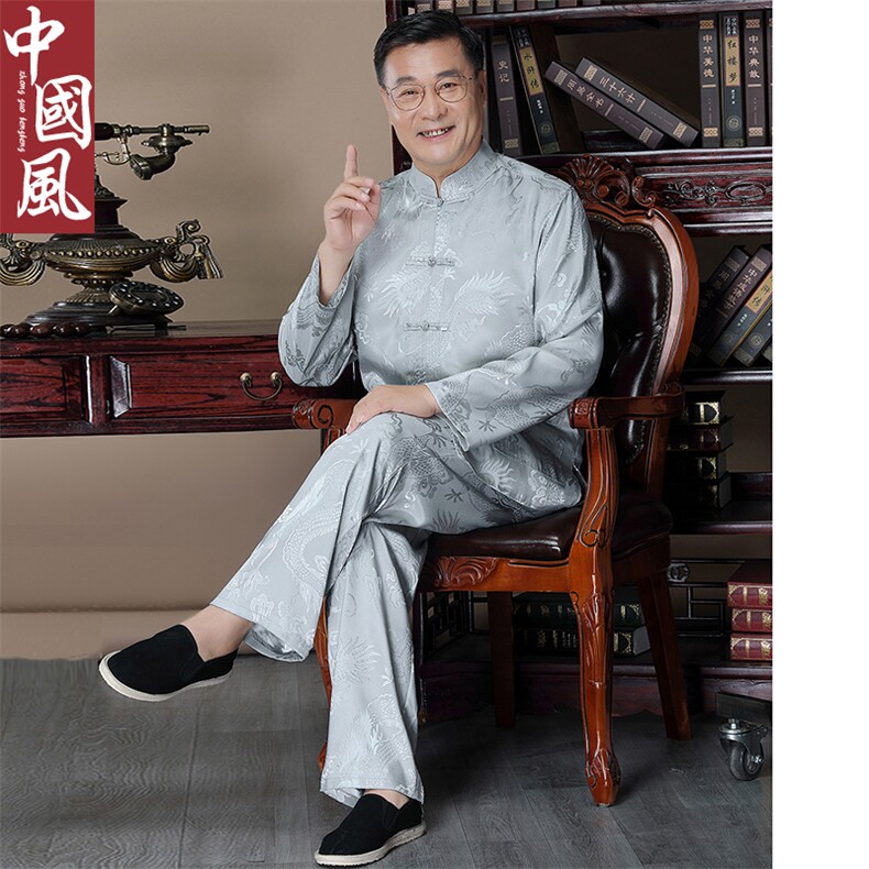 中老年唐装男春秋仿长袖套装风爷爷中式生日过寿婚礼衣服，男装中老年男装，钱塘723