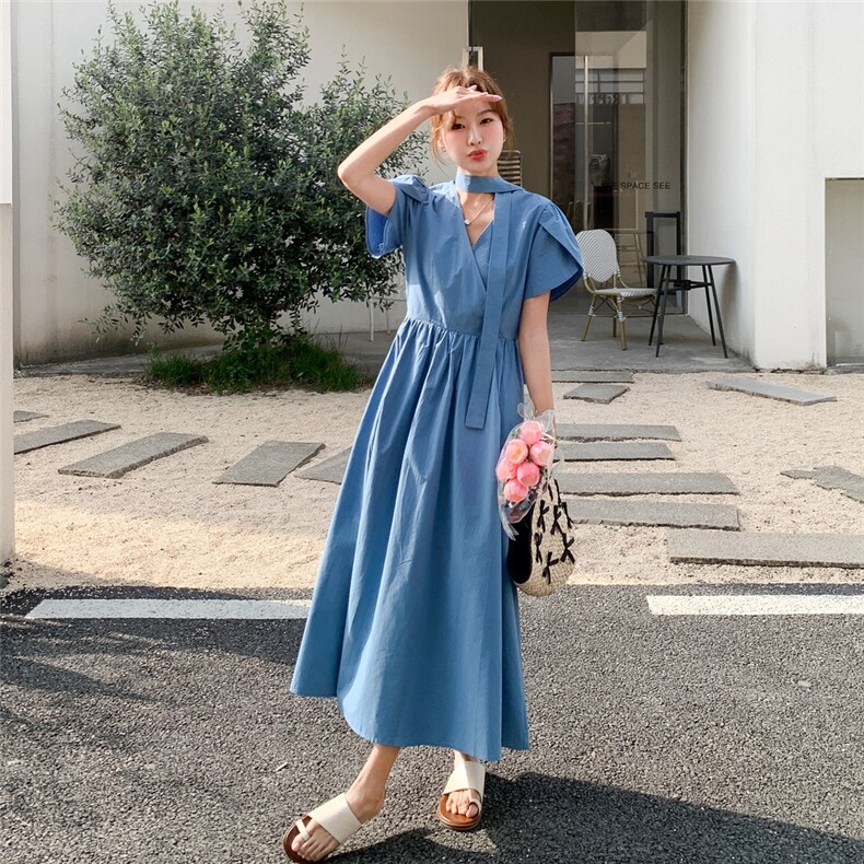 蓝色复古连衣裙女2025年夏季新款韩版设计感气质时尚显瘦A字长裙,女装连衣裙,2C206