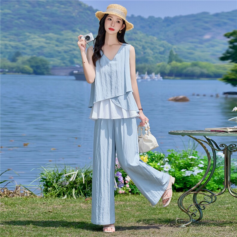 （新款现货）2026夏装时尚莱赛尔花苞假两件上衣阔腿裤套装两件套,女装套装/套裙,印象茜