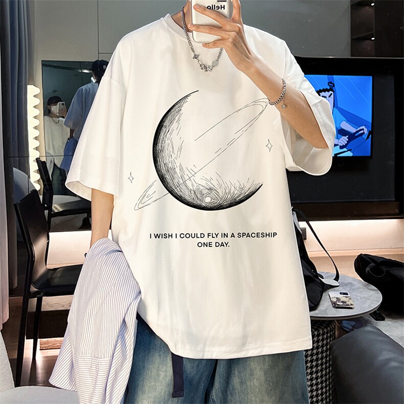 wassupcandy月球设计感华夫格短袖t恤男士夏季美式高街潮牌半袖,男装T恤,电商A040