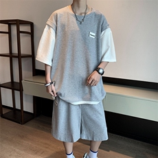 假两件短袖T恤套装男潮牌宽松港风夏纯棉华夫格短裤学生T651-P45，男装T恤，星座512-2