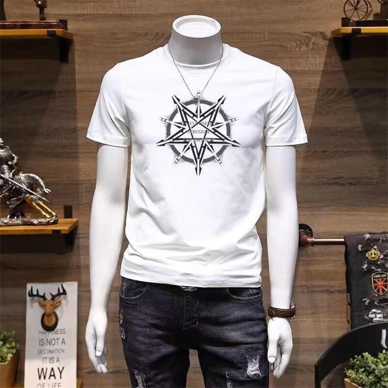 夏季短袖t恤男士2025新款韩版印花上衣服时尚休闲纯棉半袖体恤衫,男装T恤,电商B212（原钱塘6029）