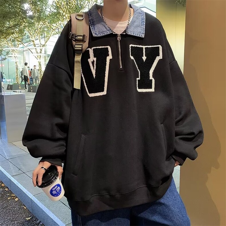 牛仔拼接卫衣男女春秋季慵懒风休闲上衣ins潮牌宽松外套W768-p40,男装卫衣,星座1008