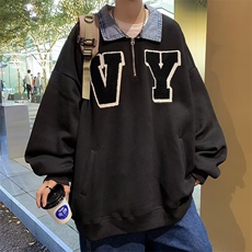 牛仔拼接卫衣男女春秋季慵懒风休闲上衣ins潮牌宽松外套W768-p40，男装卫衣，星座1008