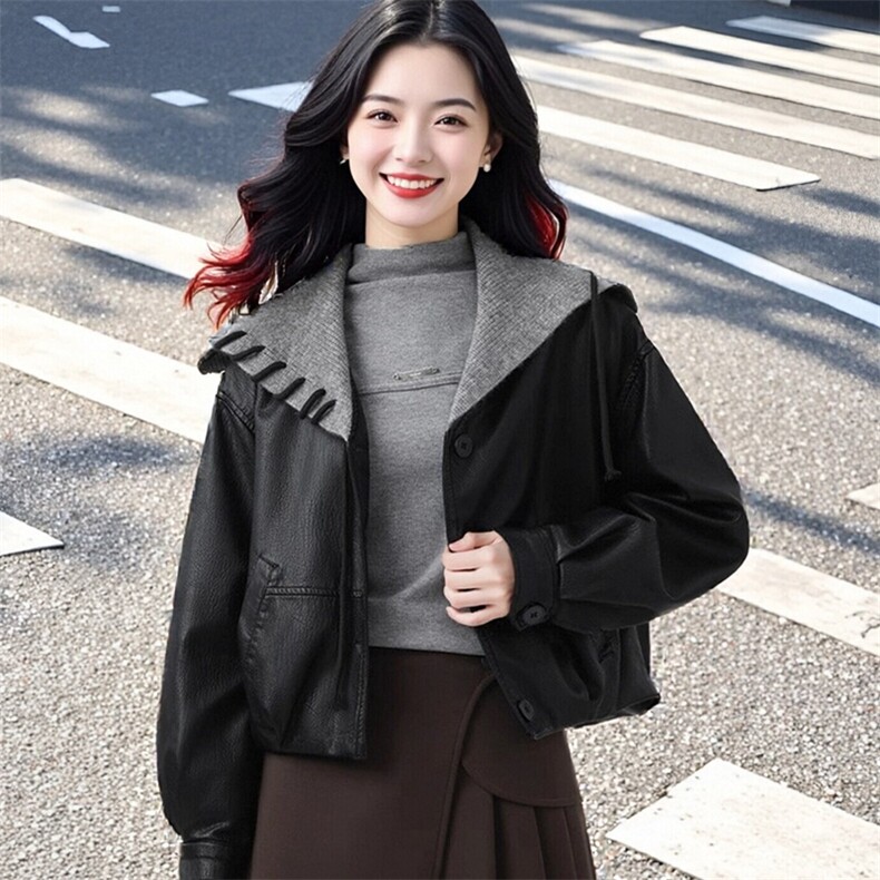现货休闲时尚针织拼接皮衣外套,女装皮衣,韩蔻秀