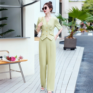 短袖西装阔腿裤两件套女2025夏新款洋气减龄气质干练职业西服套装图片