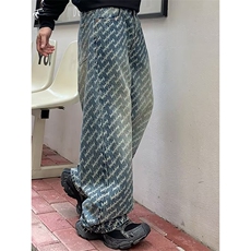 春秋季美式休闲痞帅复古提花满印牛仔裤男直筒宽松百搭阔腿长裤潮，男装牛仔裤，星座506A