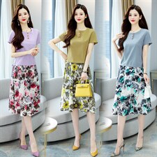 中年妈妈夏装套装短袖小个子2024新款休闲印花棉麻套装裙两件套女，女装套装/套裙，牡丹诺