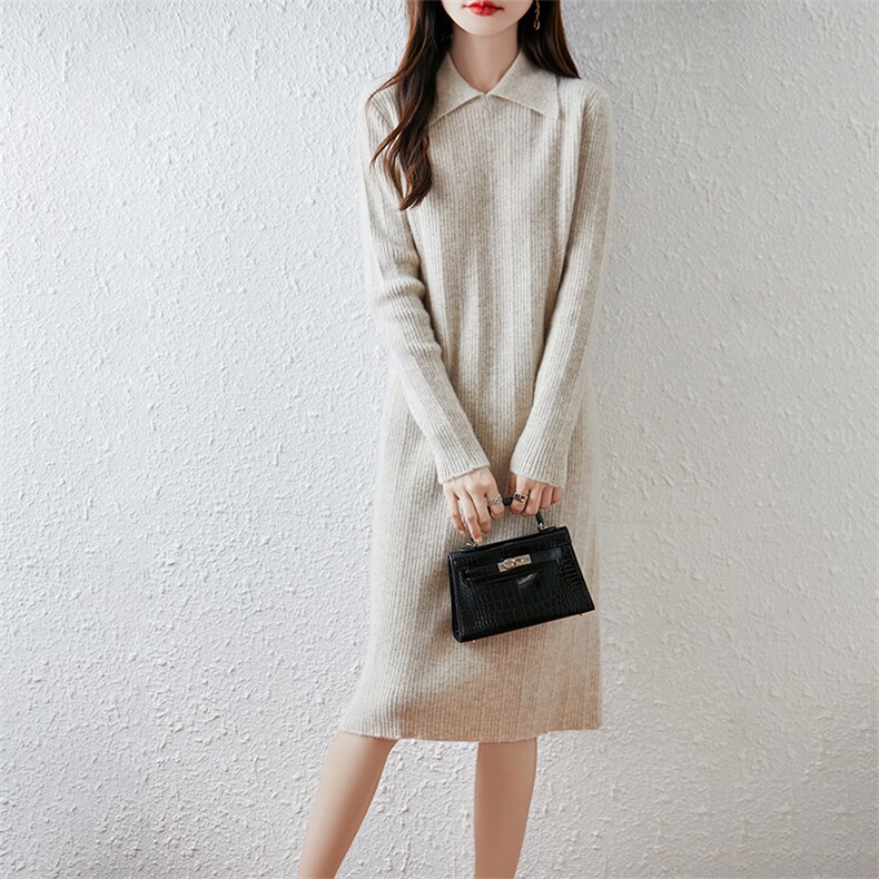 2025秋季简约时尚百搭长款坑条polo领羊毛衫，女装连衣裙，越洋羊