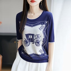 2025春夏新圆领套头莱赛尔天丝短袖女老爷车复古百搭亲肤透气T恤，女装T恤，大美人包芯纱店