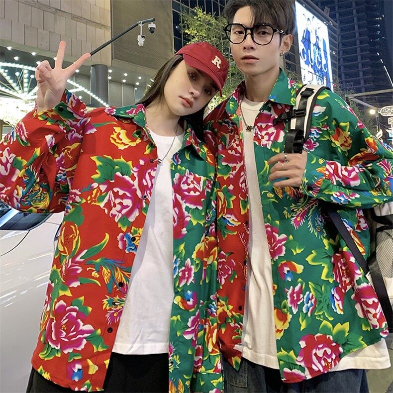 PC203情侣休闲东北大花拼接长袖衬衫外套男女宽松寸衣汉服演出服,男装衬衫,星座115A(原星座507）