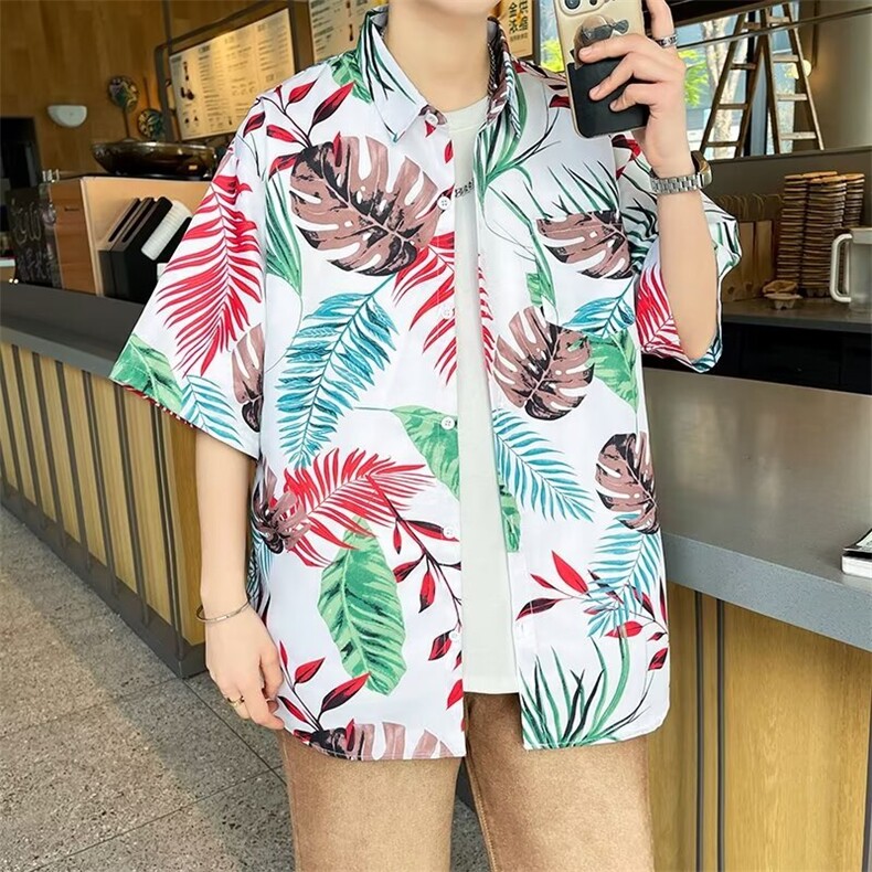 弹力布夏季男士印花短袖衬衫个性五分袖衬衣外套图片