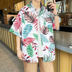 弹力布夏季男士印花短袖衬衫个性五分袖衬衣外套图片