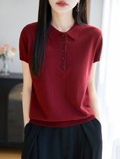 POLO翻领短袖针织T恤女2025夏薄款新款精纺薄款打底小衫t恤衫上衣，女装针织衫/毛衣，暖烁特种纱工厂店