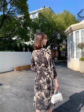 秋季新款时尚韩版修身淑女气质高雅印花连衣裙，女装连衣裙，荷塘月色