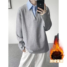 T329JR-特P35360克冬季假两件衬衫领加绒长袖潮宽松拼接T恤男，男装T恤，电商A058-1（原电商C417）