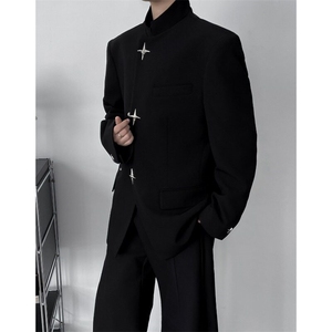 新中式男装黑色垫肩西装外套男痞帅风中山装西服夹克W6344-P65图片