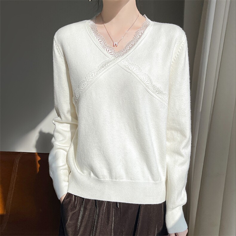 设计感蕾丝拼接显锁骨长袖毛衣女24新款针织洋气时尚保暖内搭毛衫，女装卫衣/绒衫，圣丽羊绒