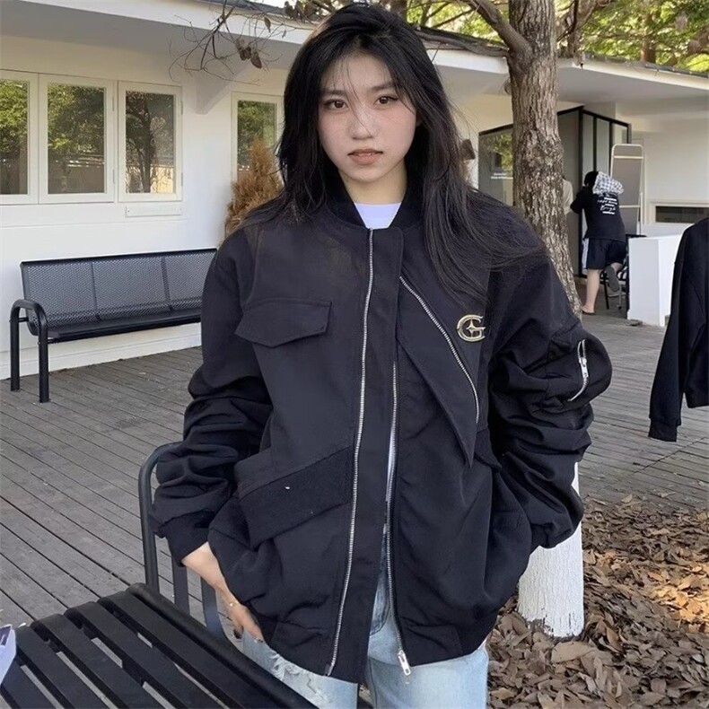 美式高街铁标设计感飞行服夹克外套男女棒球服上衣情侣装JK3316图片