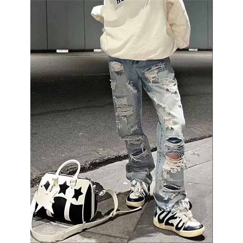 美式高街大破洞牛仔裤男女阔腿直筒裤宽松乞丐裤子K7045-P45网图图片