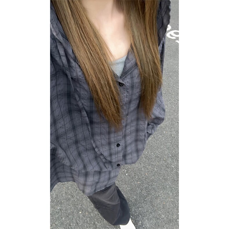连帽格子长袖衬衫男女宽松衬衣防晒外套美式复古C2238-特价P33,男装防晒衣,电商A007