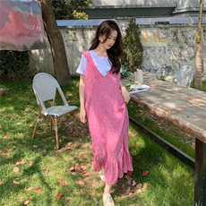 现货韩版粉色碎花减龄开叉两件套251-25109-P115-K168，女装连衣裙，浙宝189