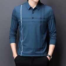中年男装长袖T恤男2023春季新款纯色翻领商务休闲百搭条纹polo衫图片