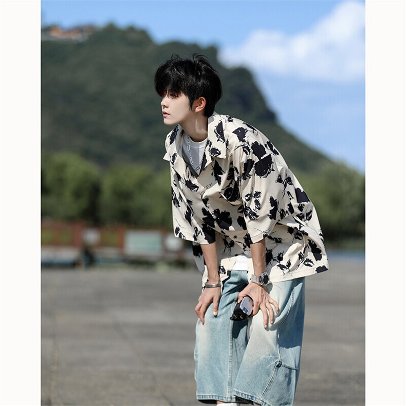水墨花卉短袖花衬衫冰丝度假痞帅衬衣高级感夏威夷外套DC5015/P35,男装衬衫,电商B238