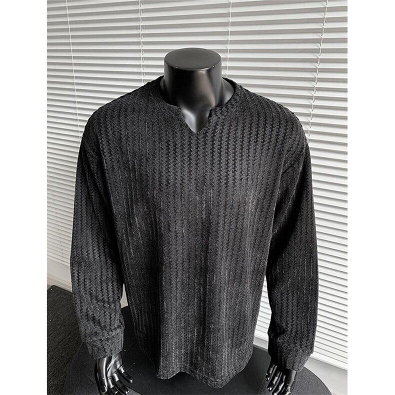 美式高街千鸟格子长袖T恤男女亨利V领英伦雅痞休闲宽松长袖打底衫，男装T恤，电商A443