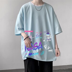 HT73186-P22 NASA 联名同款华夫格t恤男短袖男大码五分袖 大皂风图片