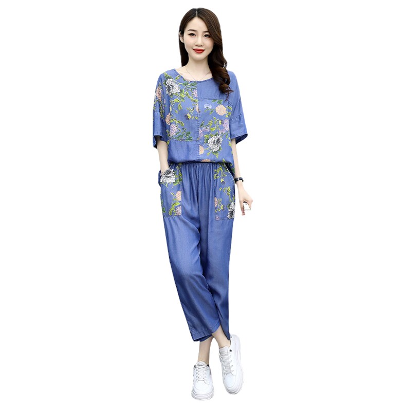 2024夏季新款时尚气质圆领直筒裤腿设计休闲舒适印花两件套,女装套装/套裙,魅影