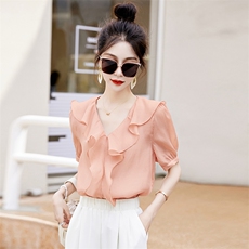 2023新款纯色荷叶边上衣女夏季温柔风V领短袖雪纺衫显瘦百搭气质衬衫，女装蕾丝衫/雪纺衫，艾仟回(原伊仟回)