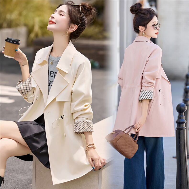 中长款收腰风衣女显瘦2025秋季时尚袖口拼格春秋外套，女装风衣，姿衣坊